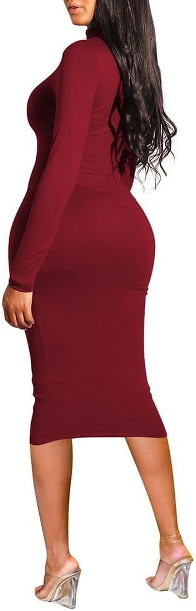 Womens Sexy Fall Knit Dress High Neck Long Sleeve Bodycon Midi Winter Dresses