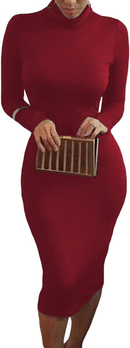Womens Sexy Fall Knit Dress High Neck Long Sleeve Bodycon Midi Winter Dresses