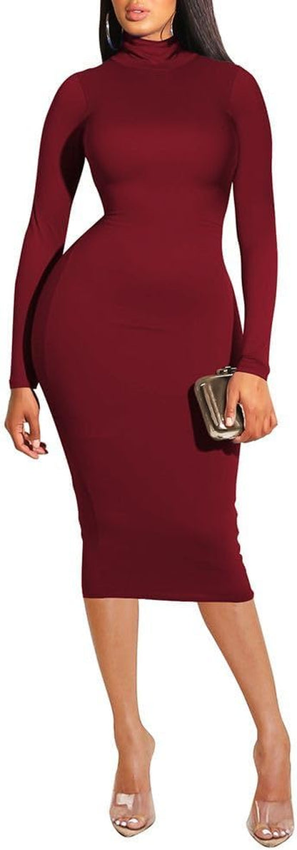 Womens Sexy Fall Knit Dress High Neck Long Sleeve Bodycon Midi Winter Dresses